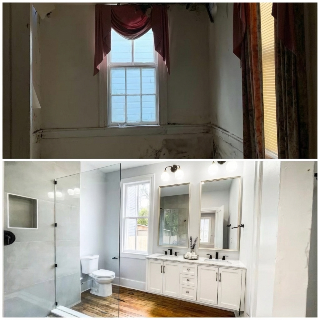 Before and after bathroom remodeling project by JTB Construction in Charleston, SC showing transformation from dated bathroom to modern spa-like design with double vanity and walk-in shower