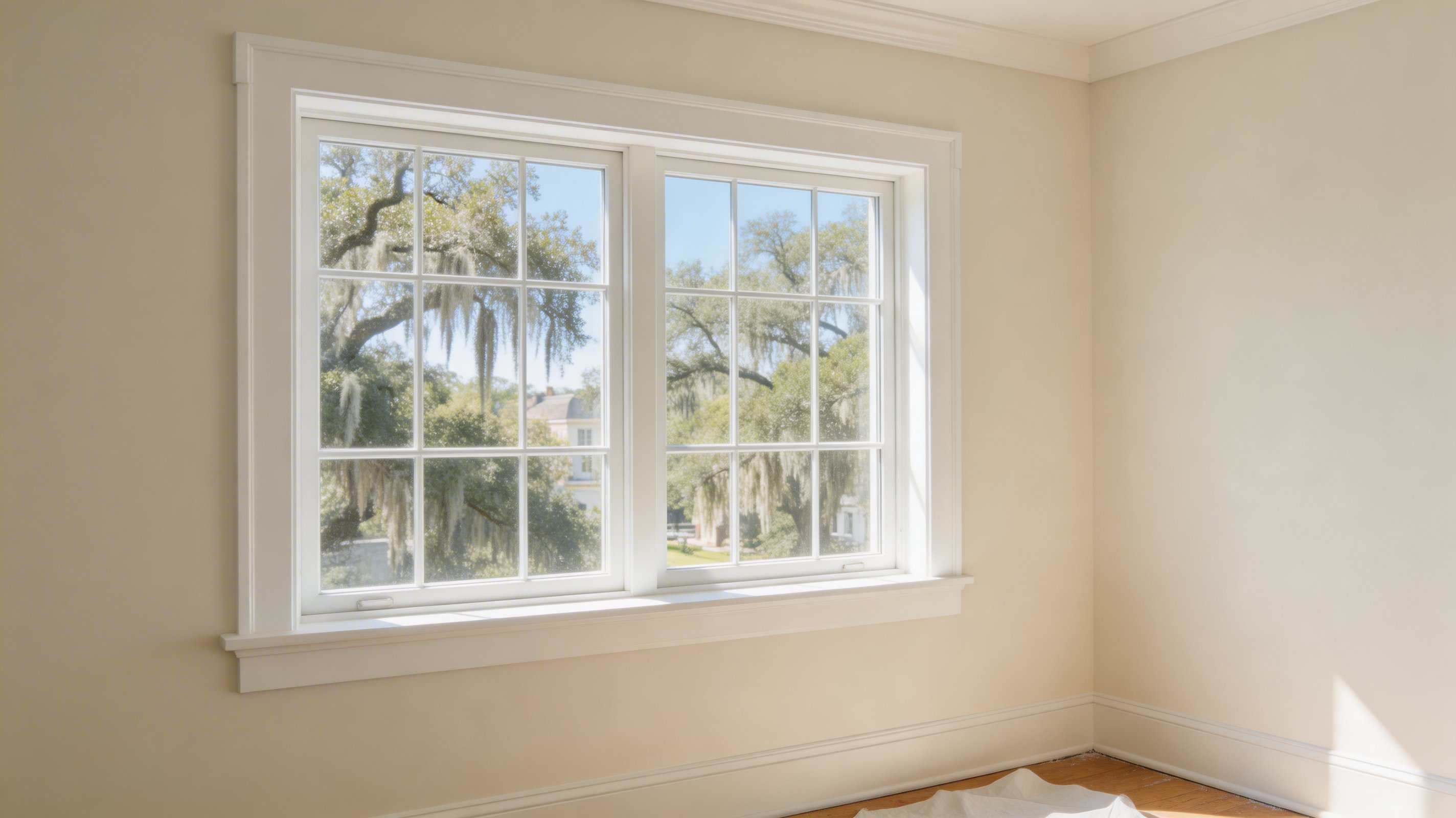 Professional double-hung window replacement in Charleston, SC by JTB Construction showing white frame windows with grid pattern overlooking trees and neighborhood