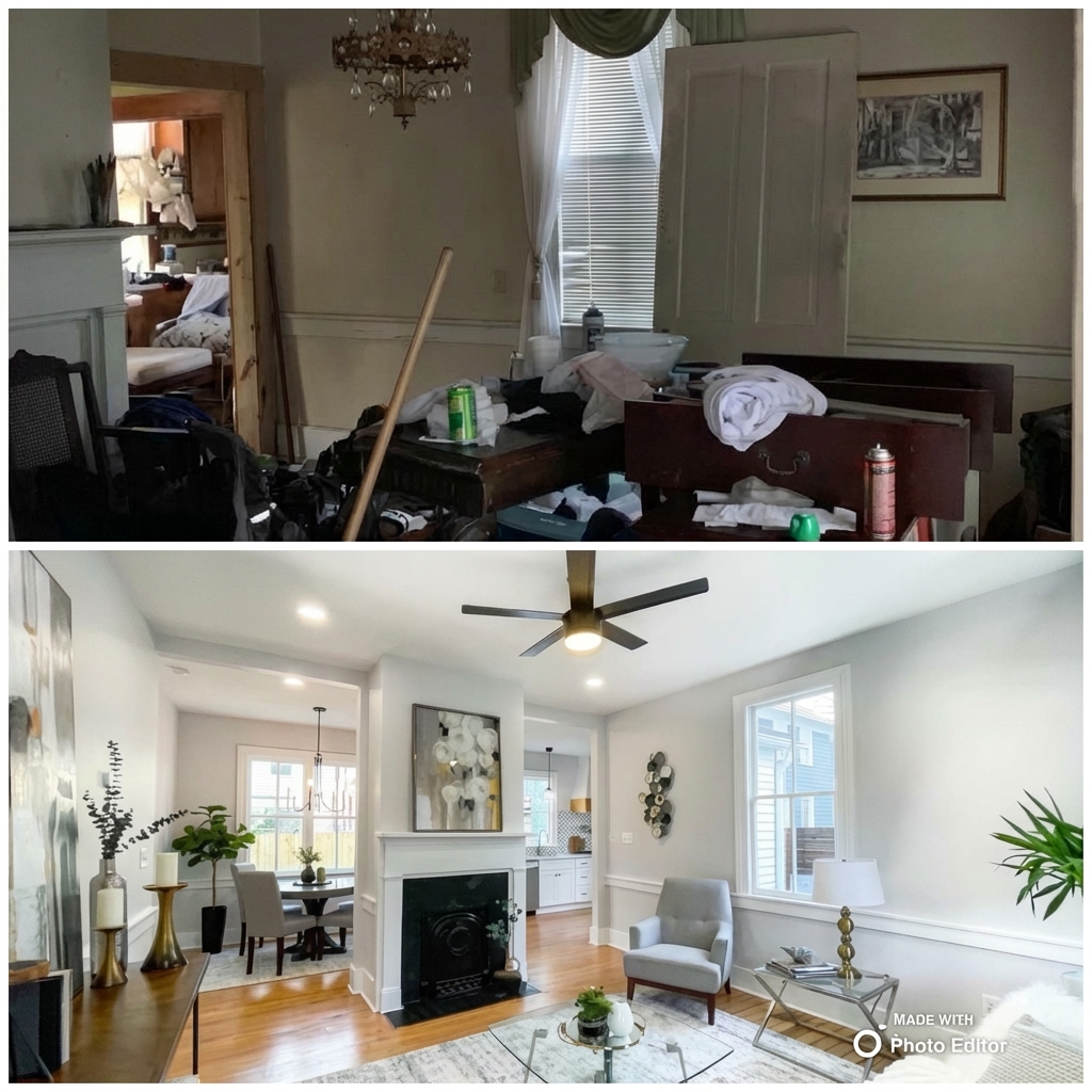 Before and after living room remodel by JTB Construction in Charleston SC showing transformation from cluttered space to modern bright living room with fireplace and new flooring