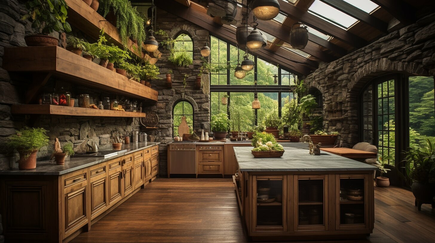 Luxury kitchen remodel by JTB Construction in Charleston SC featuring stone walls, wooden cabinetry, island countertop, and expansive windows overlooking greenery