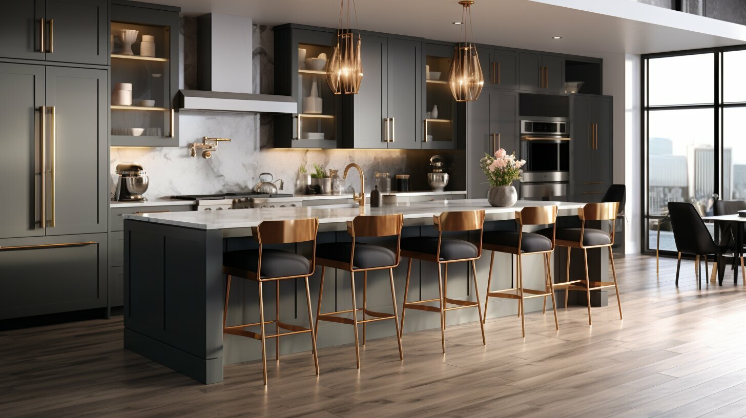 Modern luxury kitchen remodel by JTB Construction in Charleston SC featuring gray cabinetry, marble backsplash, stainless steel appliances, and bronze bar seating