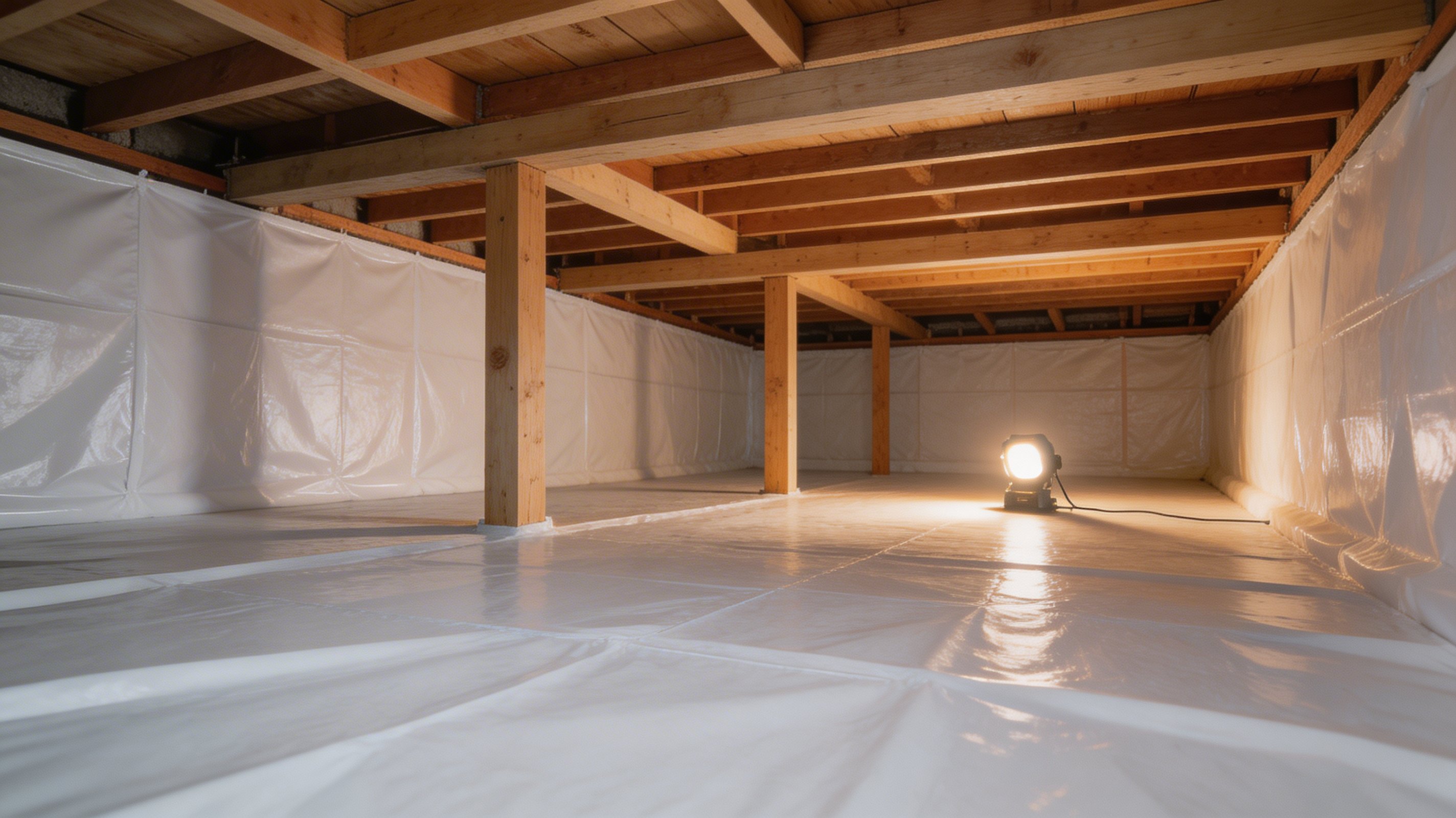 Professional crawlspace encapsulation by JTB Construction in Charleston, SC featuring plastic vapor barrier, exposed wooden beams, and bright work lighting