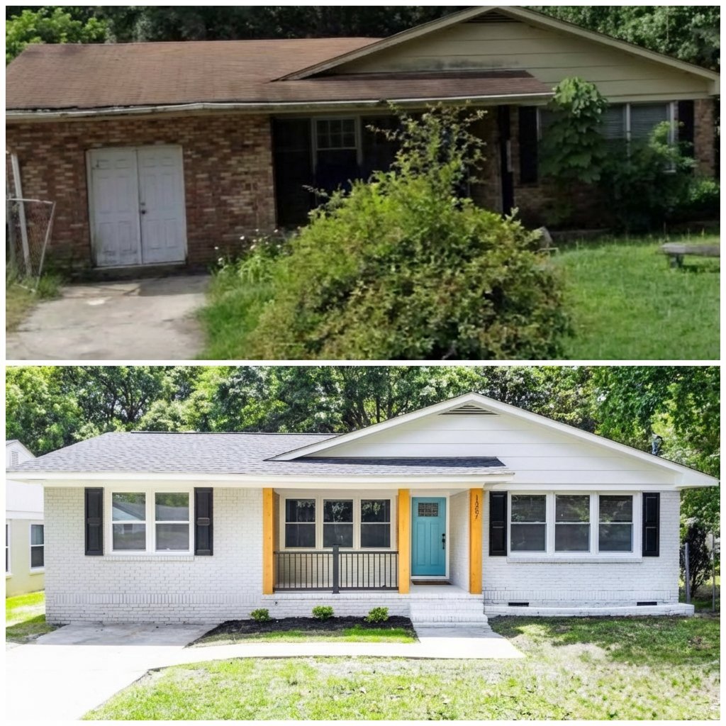 Before and after home renovation by JTB Construction in Charleston SC showing brick ranch style home transformation with new white brick siding, yellow and teal accent trim, covered porch, and updated windows