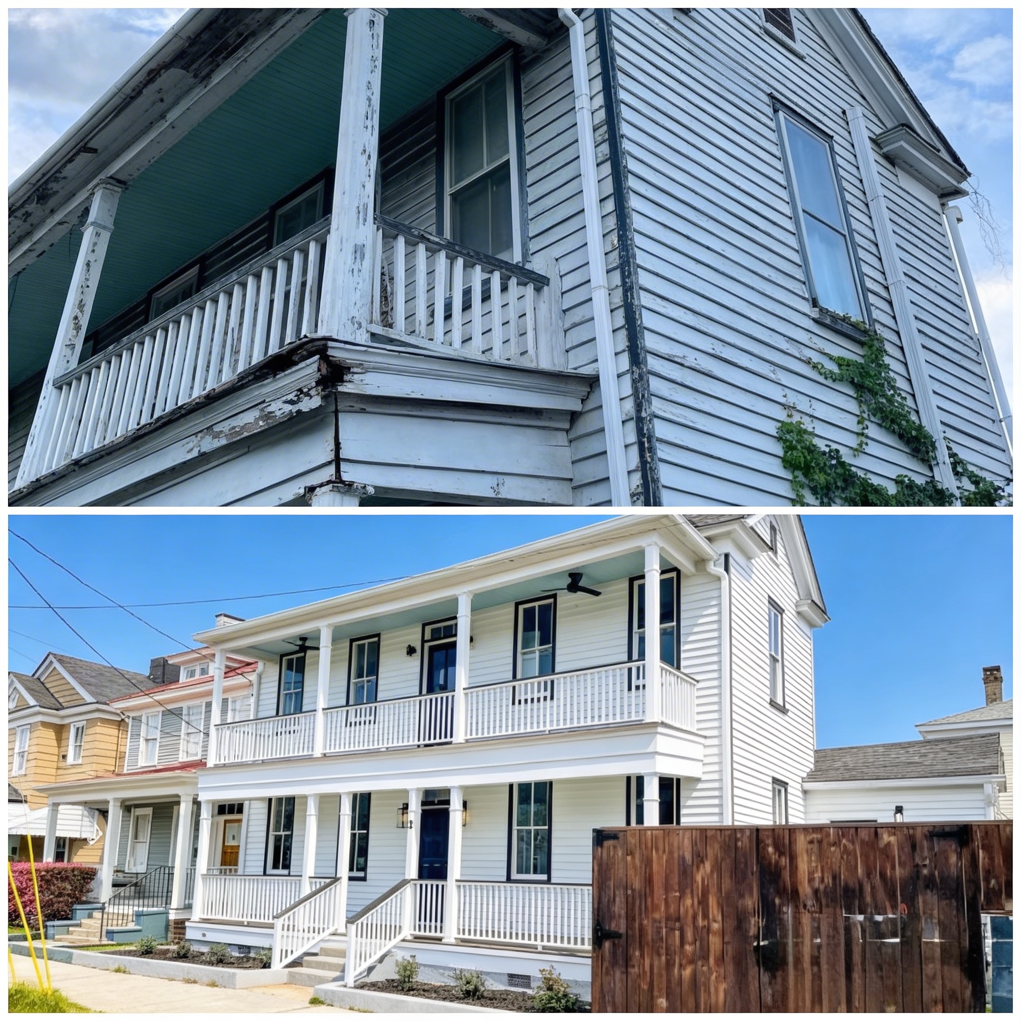 Before and after siding replacement project by JTB Construction in Charleston, SC showing weathered vinyl siding restored to pristine white finish