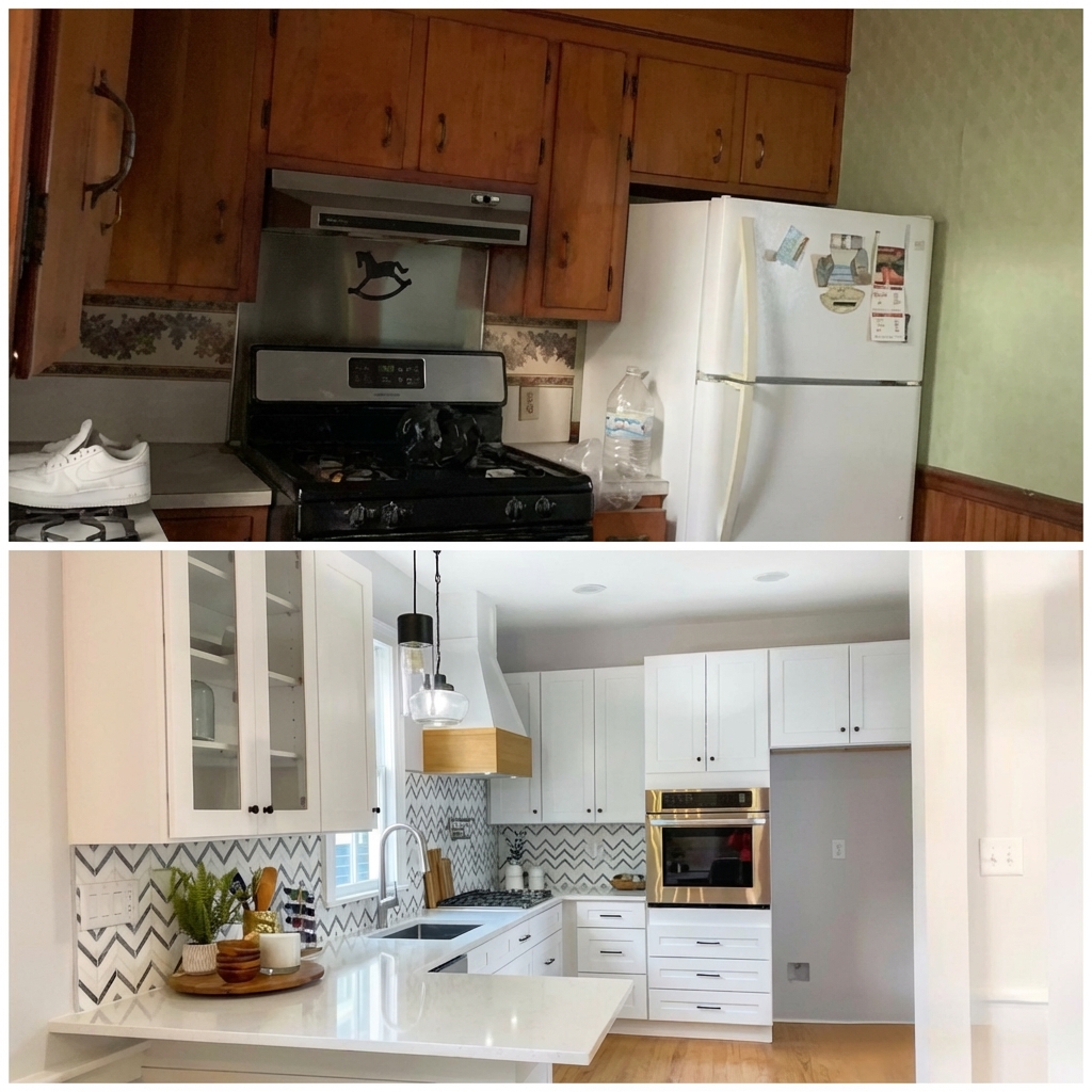 Before and after kitchen remodel by JTB Construction in Charleston SC showing transformation from dated wood cabinets to modern white cabinetry with chevron backsplash